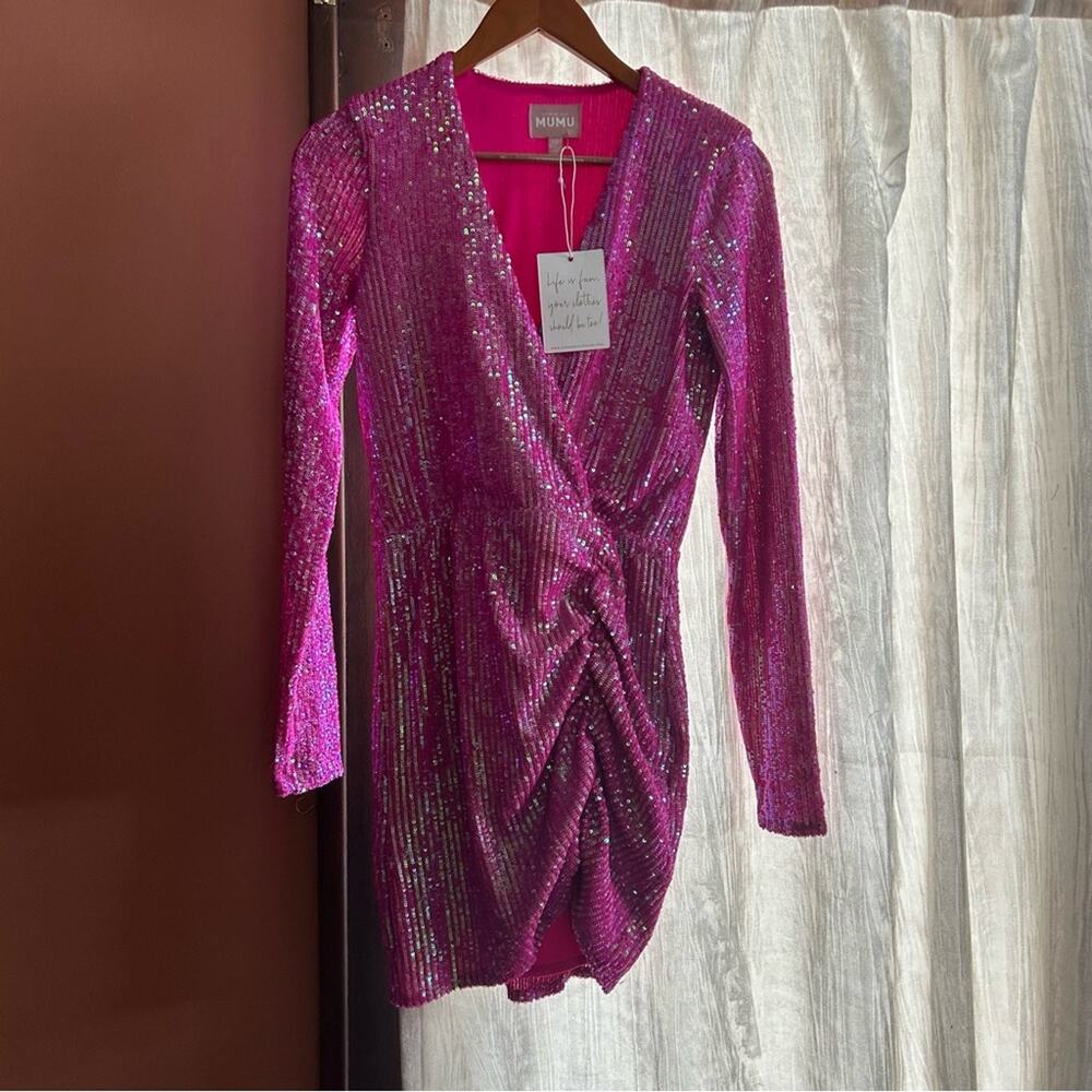 Show Me Your‎ Mumu Party Hop Dress Mini V-Neck Sequins Barbie Hot Pink NWT XS